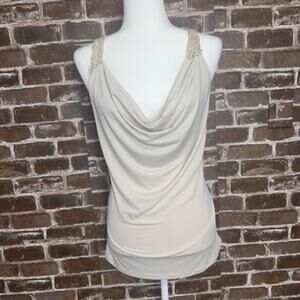 Mandee Blouse Dressy Top Sleeveless Made In USA Tan L Lace Back